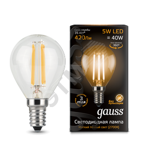 

Лампа светодиодная LED 5Вт 230в, E14 Filament теплый шар Gauss Gauss