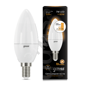 

Лампа светодиодная LED 7вт, 230в, Е14, теплый, step dim, свеча Gauss Gauss